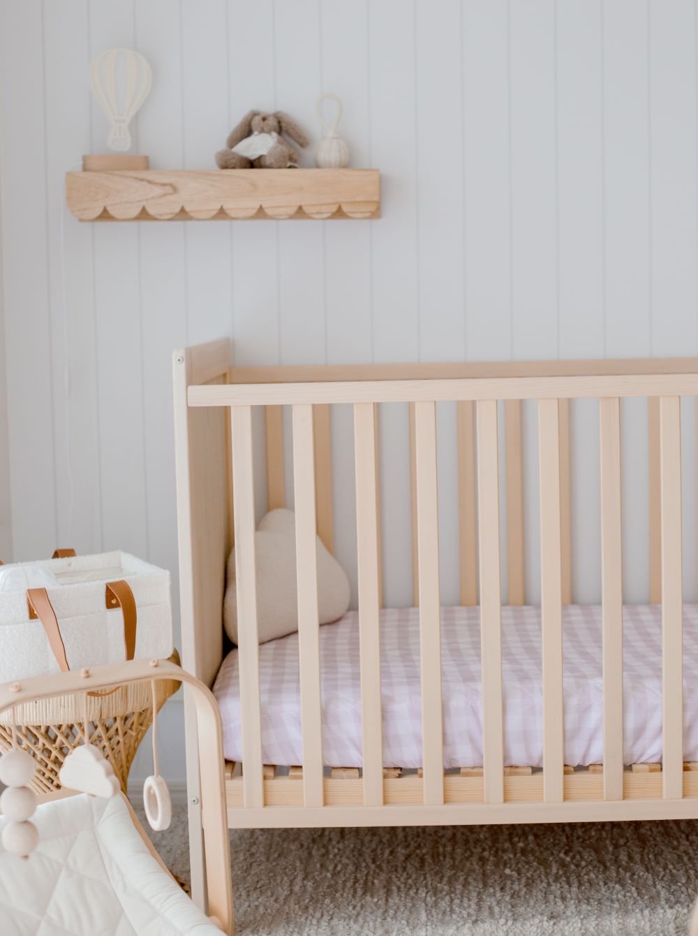 Waterproof Cot Sheet Blush Gingham Bambella Designs